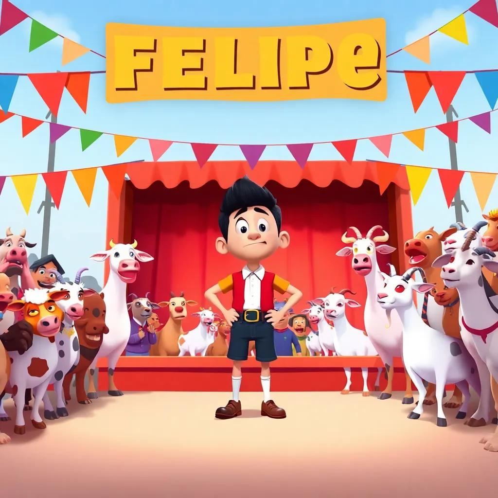 A lively contest scene with Felipe standing nervously on stage, surrounded by cheering animals like cows and goats, colorful banners in the background, bright colors, exciting atmosphere, cheerful illustration, mid-range shot