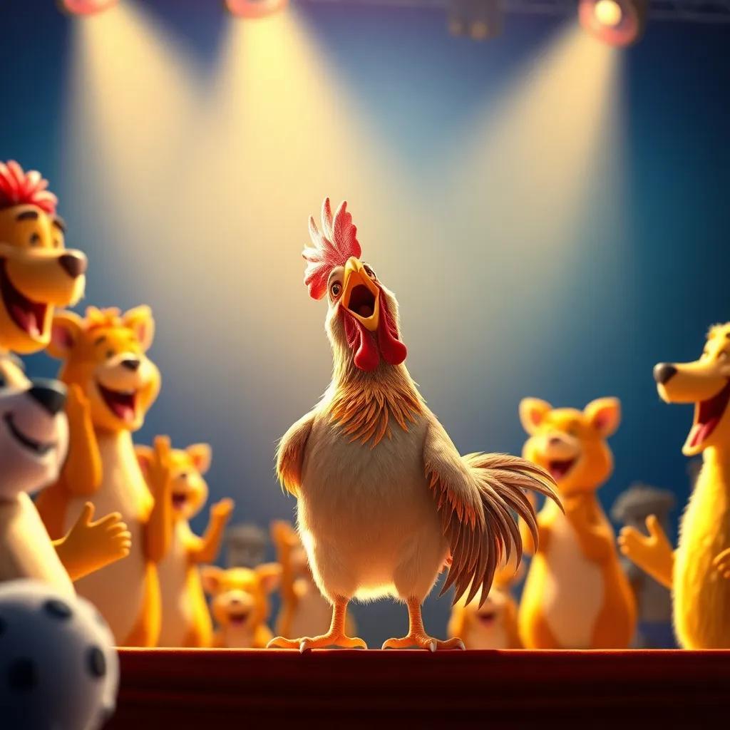 Felipe, a small rooster, singing joyfully on stage, surrounded by happy animals clapping, his feathers shining under the sunlight, with a big smile on his face, bright colors, uplifting vibe, heartwarming scene, detailed digital art