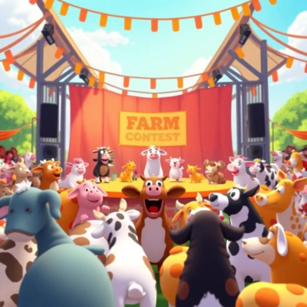 A lively farm contest with animals gathered around a stage, excitement in the air, digital illustration, colorful, vibrant and cheerful, sunny day, high quality