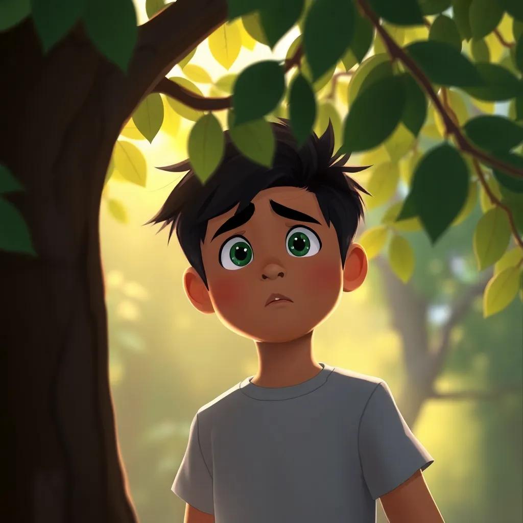 Carlos practicing singing behind a tree, looking determined but nervous, with soft sunlight filtering through the leaves, digital painting, serene colors, focus on emotions, high quality