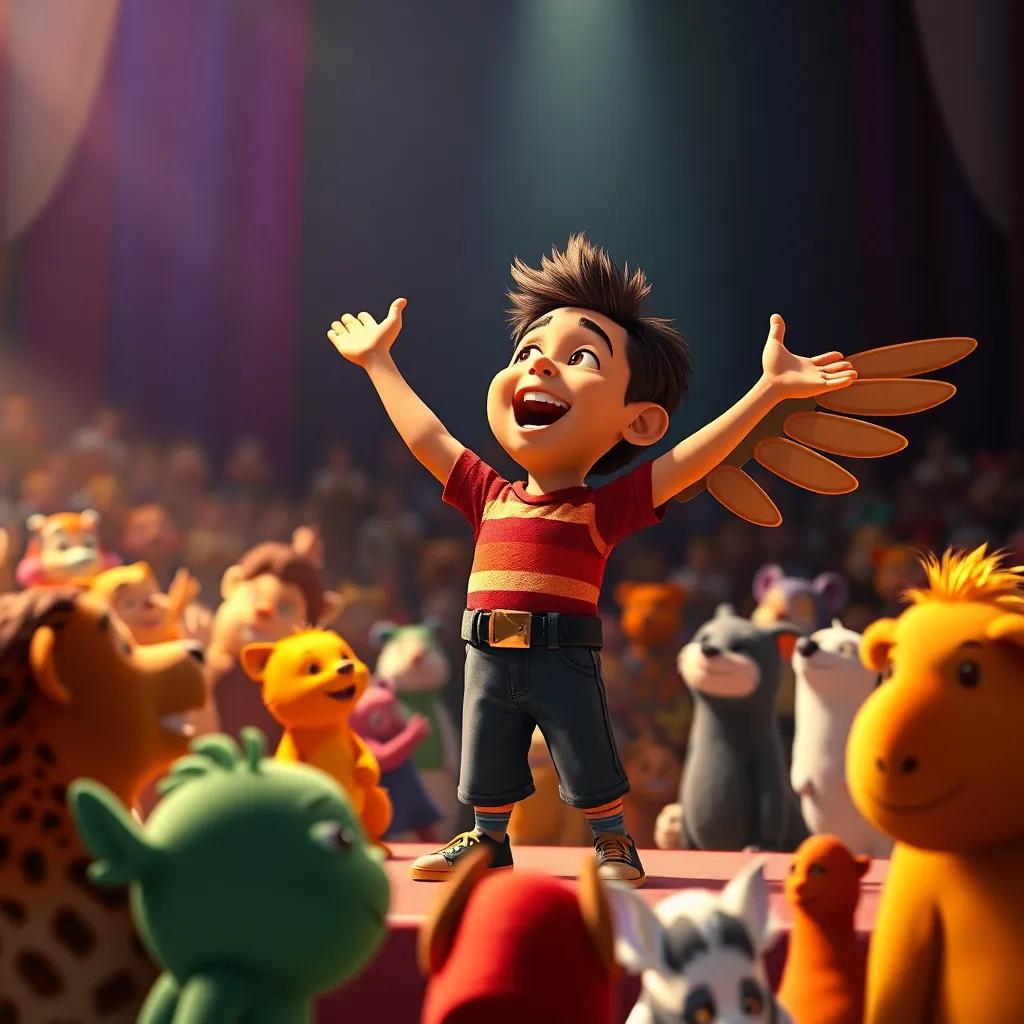 Carlos on stage, with a crowd of animals listening intently, his wings spread as he sings with newfound confidence, bright and colorful, joyous atmosphere, digital art, uplifting, high quality