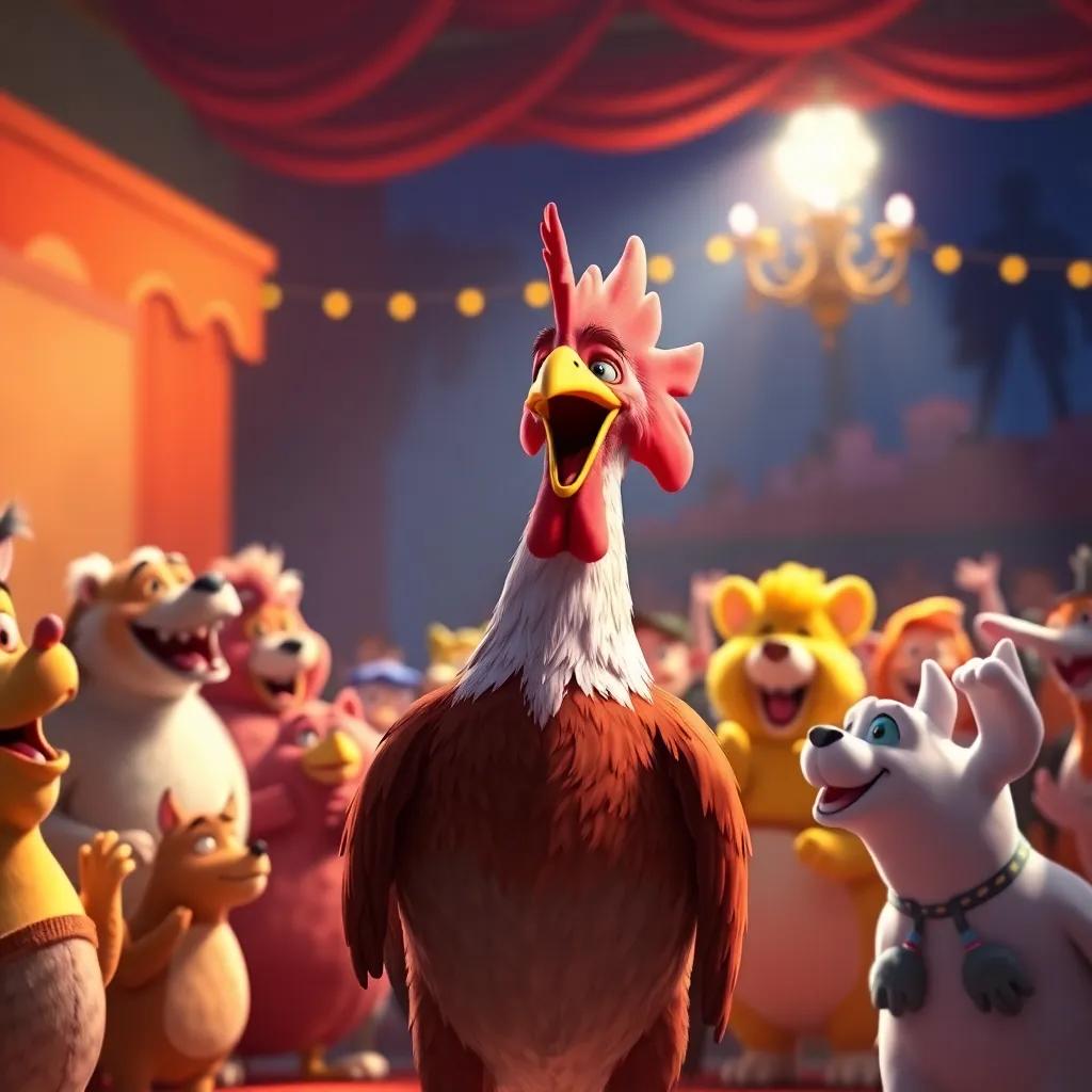 Carlos, the happy rooster, surrounded by applauding animals after his performance, vibrant colors, warm light, celebration atmosphere, joyful expressions, digital painting, heartwarming, high quality