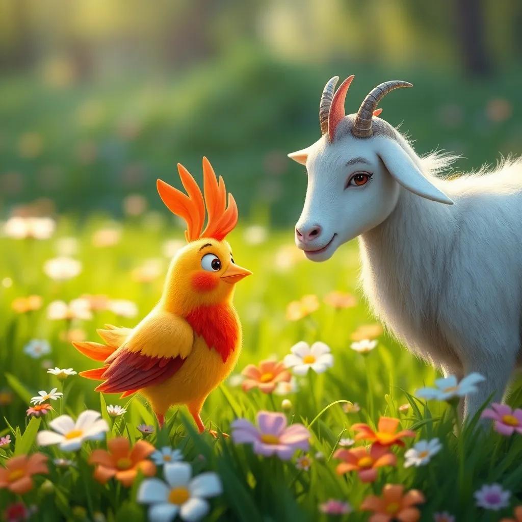 Un gallito llamado Tito, un pequeño gallo brillante con plumaje rojo, hablando con una vaca amable y tranquila, en un campo verde lleno de flores, ilustración, alegre, amistad, amigable