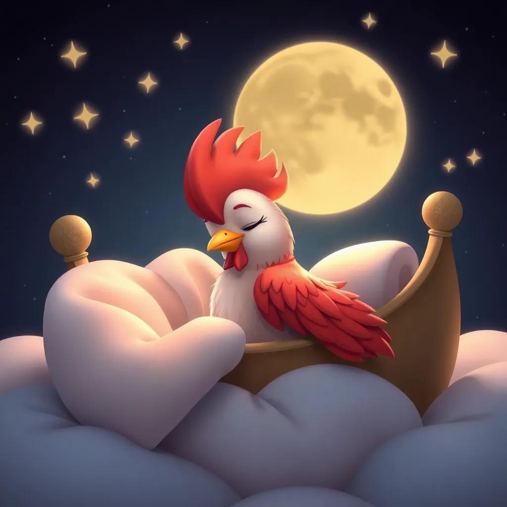 Tito, el gallito con plumaje rojo, soñando en su cama de paja, con estrellas brillantes alrededor y una luna sonriente, mientras sueña con cantar, arte digital, suave, mágica, de alta calidad