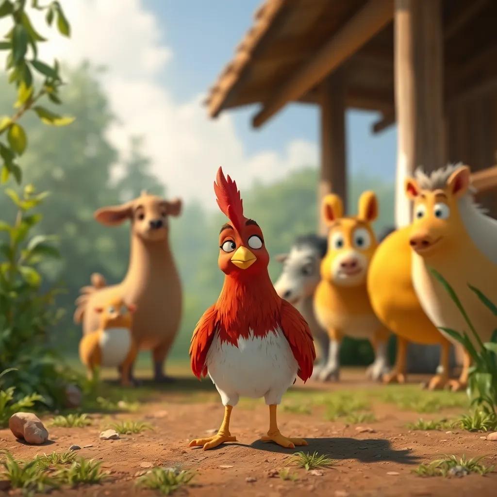 Tito, el gallito con plumaje rojo, nervioso, parado frente a la granja, con animales mirándolo de manera expectante, con los ojos cerrados y respirando hondo, ilustración, emotiva, inspiradora
