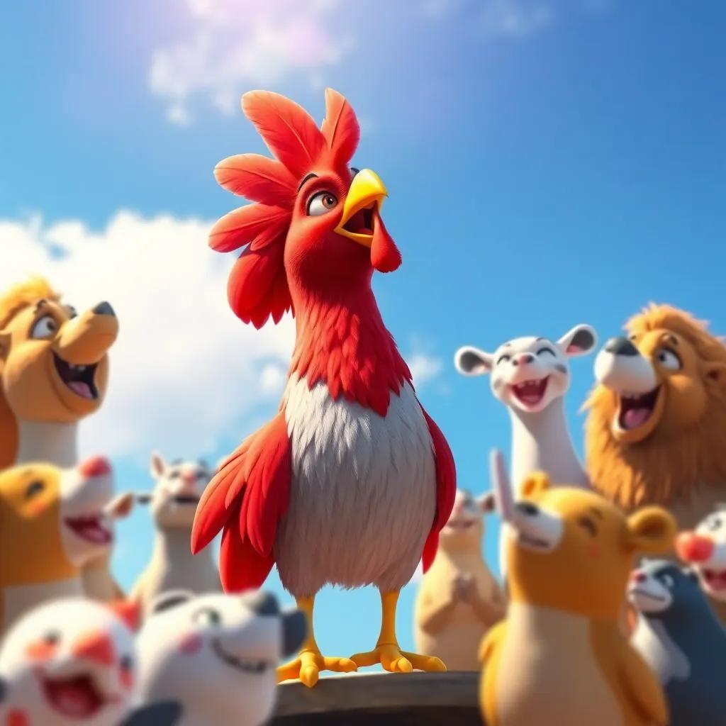 Tito, el gallito con plumaje rojo, cantando felizmente bajo un cielo azul, rodeado de animales aplaudiendo y sonriendo, celebración de la confianza, arte digital, vibrante, colorido, inspirador
