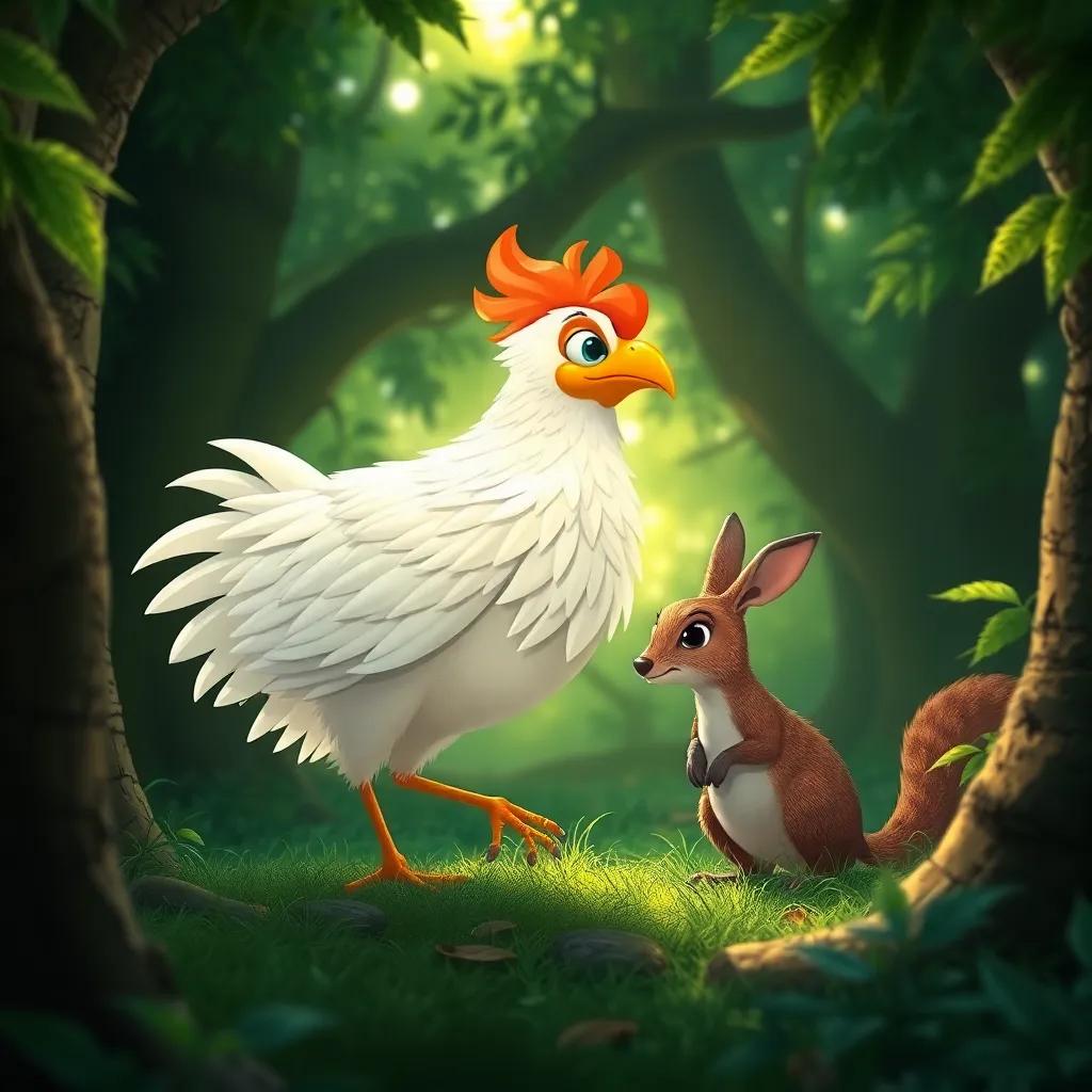 Un gallo llamado Ramón con plumas brillantes explorando un bosque verde, con un conejo llamado Roberto de orejas largas junto a él, iluminado por la luz del sol, digital art, fresco y vibrante, amistoso, enfoque nítido
