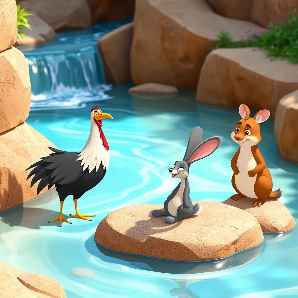 Ramón, el gallo, y Roberto, el conejo, junto a un arroyo claro y luminoso, con una rana llamada Rita en una piedra, riendo y disfrutando del agua, ilustración, alegre, colores brillantes, atmósfera cálida