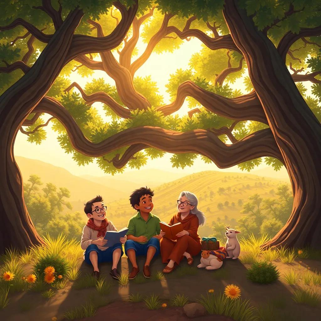 Los tres amigos sentados bajo un gran árbol en una colina, Ramón, Roberto y Rita compartiendo historias, con luz suave y acogedora, digital painting, cálido, alegre, perspectiva panorámica