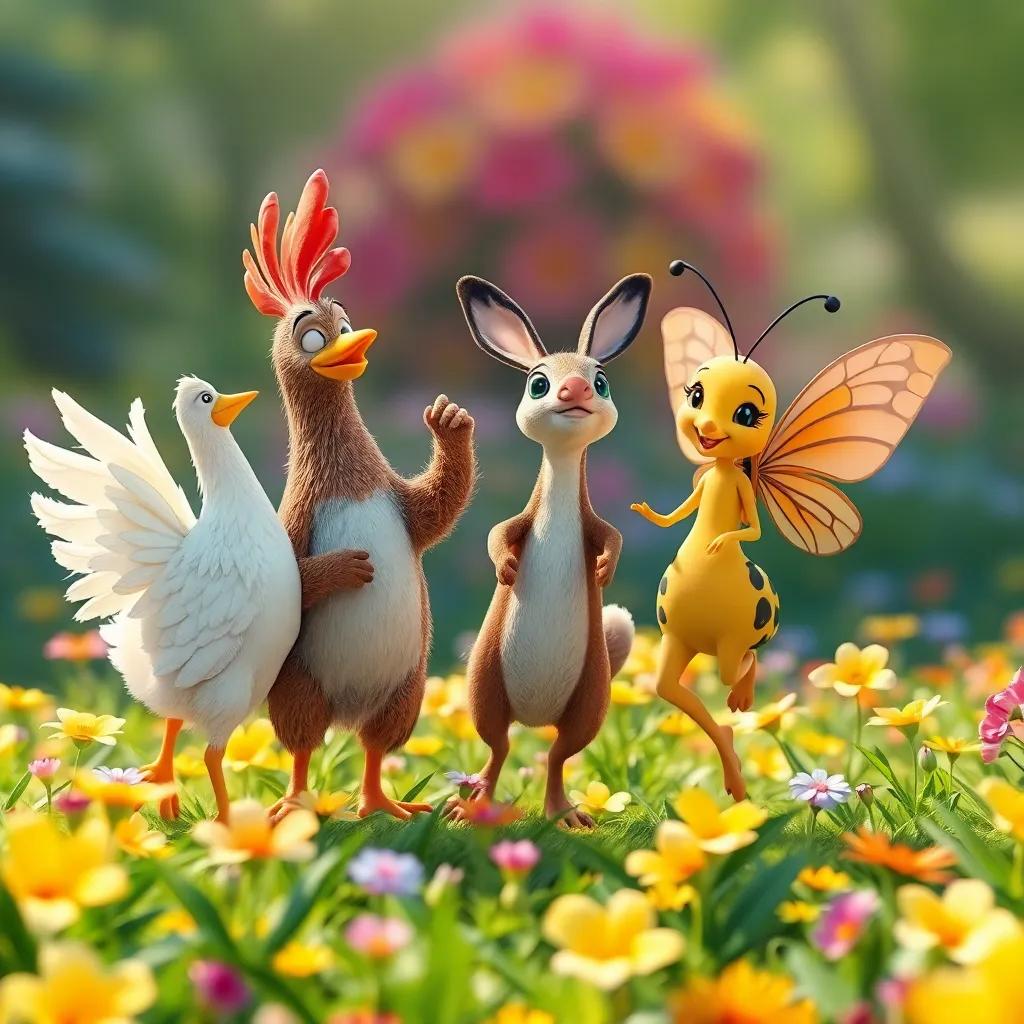 Un gallo llamado Ramón, un conejo llamado Roberto, una rana llamada Rita, y una mariposa llamada Miranda bailando en un campo de flores brillantes, todos sonriendo y felices, estilo visual infantil, colorido, encantador, fuerte enfoque