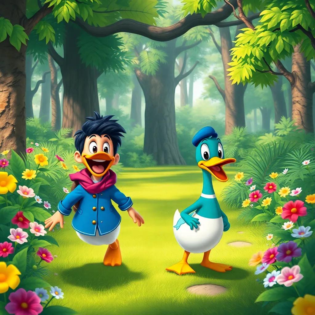Raúl and Pedro the duck, smiling and walking through a lush green forest filled with trees and flowers, detailed illustration, bright colors, adventure-themed, child-friendly
