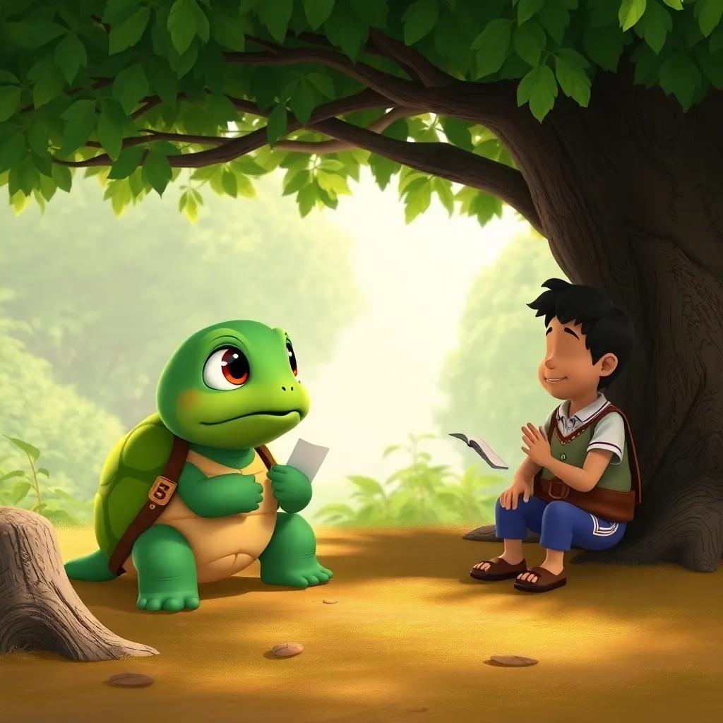 Tina the wise turtle, with a green shell and big eyes, giving advice to Raúl and Pedro under a shady tree, detailed digital art, warm light, friendly environment, high quality