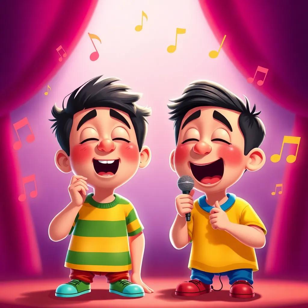Raúl and Pedro trying to sing, looking funny with silly faces and musical notes around them, colorful illustration, joyful colors, playful atmosphere, high quality