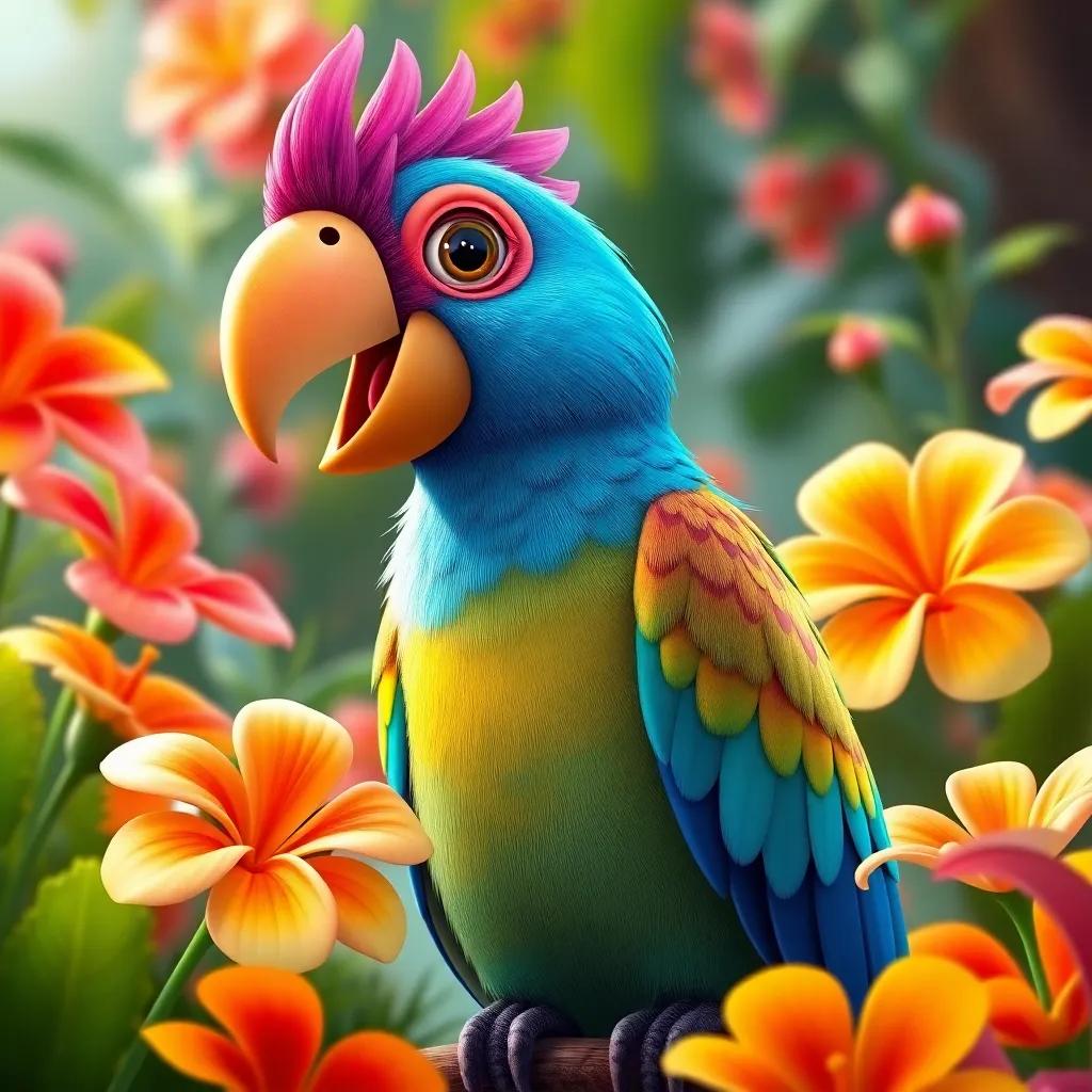 Lorenzo the parrot, a colorful and friendly bird, teaching Raúl and Pedro to sing, surrounded by vibrant flowers, detailed digital art, bright and cheerful colors, high quality