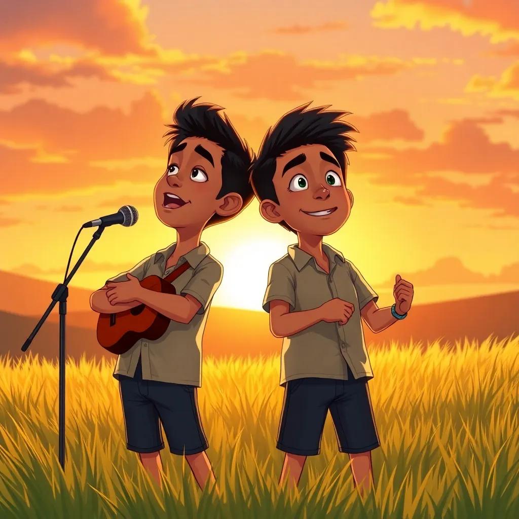 Raúl and Pedro practicing singing with confidence, looking determined, standing on the grass with a beautiful sunset in the background, detailed illustration, warm colors, inspiring atmosphere, high quality