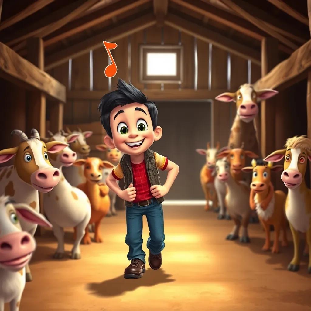 Raúl returning home with Pedro, looking excited with a musical note over his head, surrounded by curious animals in the barn, detailed digital art, vibrant colors, joyful mood, high quality