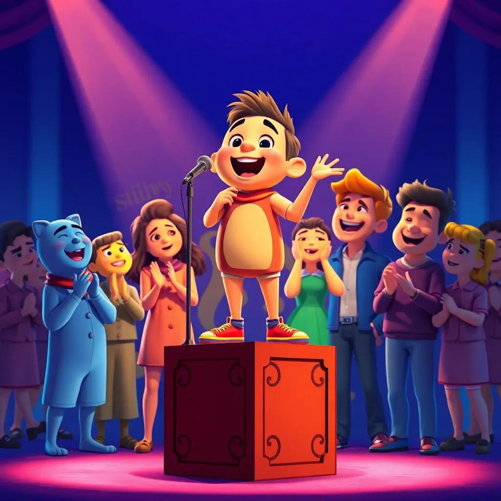 Raúl standing on a box, confidently singing in front of all his friends, who are clapping and enjoying the performance, colorful illustration, cheerful atmosphere, highly detailed, high quality