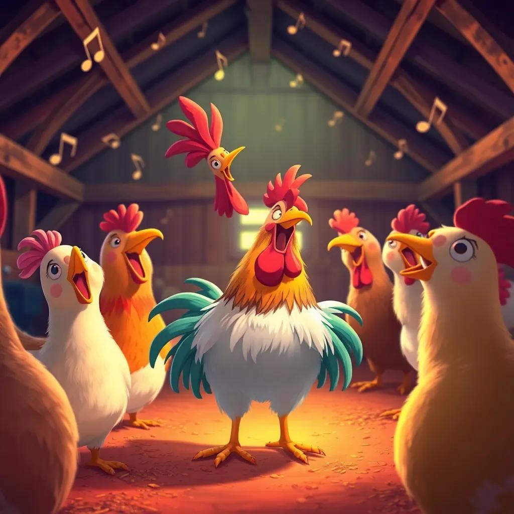 Raúl, the singing rooster, happily enjoying the company of his friends, surrounded by music notes and laughter in the barn, colorful illustration, warm light, joyful and lively setting, high quality