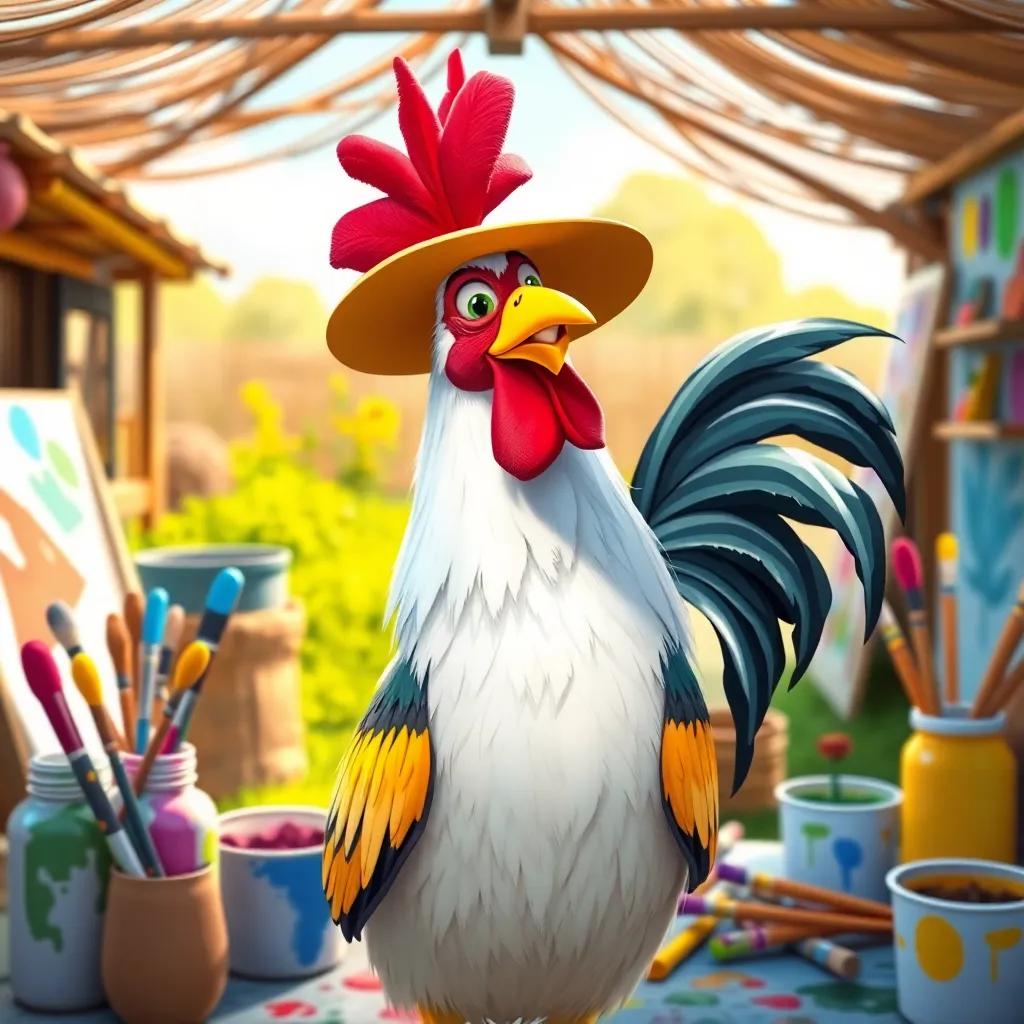 A rooster named Ramón, a talented gallo with a cheerful expression, wearing an artist's hat, surrounded by colorful paints and brushes in a sunny farm, digital art, bright colors, joyful atmosphere, high quality