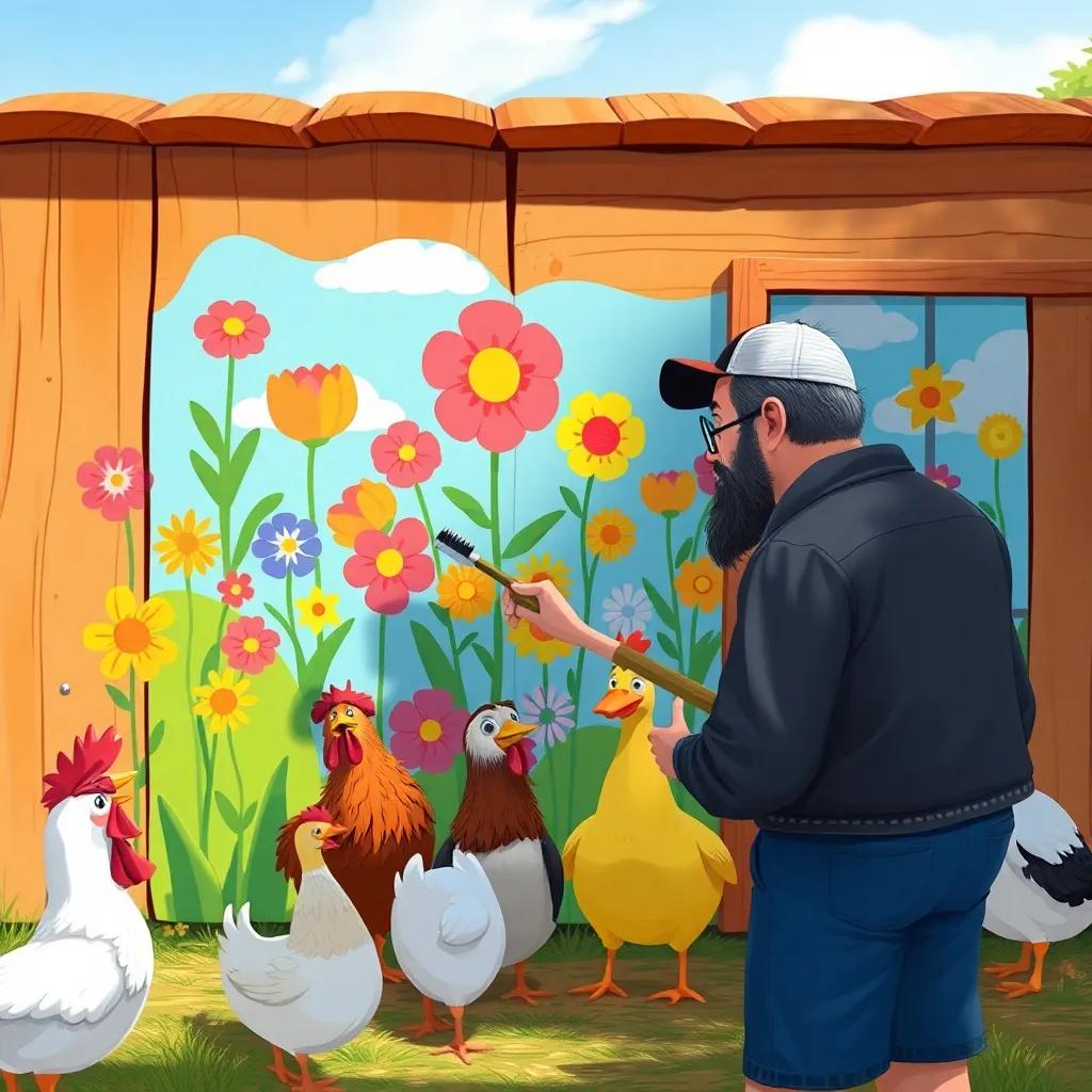 Ramón painting a colorful mural on the chicken coop wall, with vibrant flowers and a blue sky, chickens and a duck watching in delight, cheerful and lively, illustration, warm light