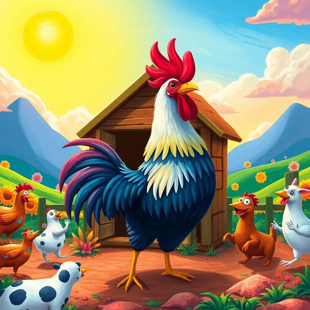 A beautiful painted chicken coop by Ramón the rooster, with a bright sun and colorful landscape, farm animals dancing around, celebrating the colorful art, colorful, happy scene, high quality