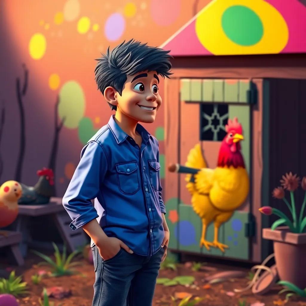A human artist in awe of Ramón's colorful artwork, standing next to the chicken coop, with vibrant colors reflecting the joy of the farm, realistic style, inviting feel