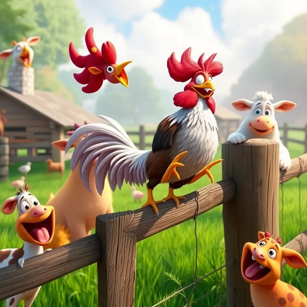 Carlitos the rooster attempts to fly from the top of the fence, surrounded by laughing farm animals, dynamic motion, vibrant colors, high quality