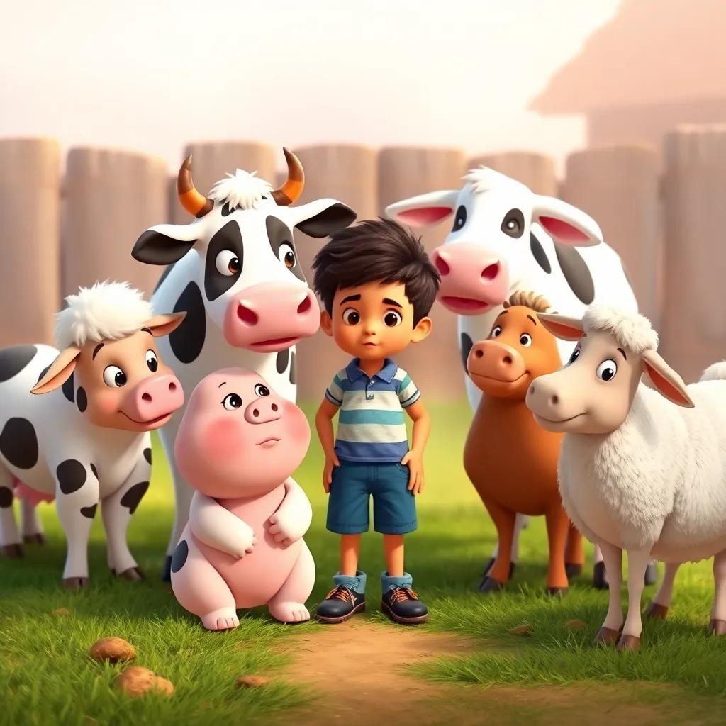 The animals gather around Carlitos, concerned, with a gentle cow named Anita, a pig, and a sheep, in a friendly farm setting, warm colors, cozy feel