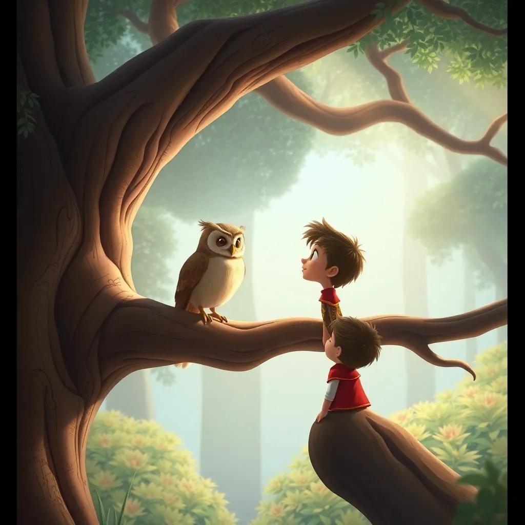 Carlitos talks to a wise owl perched on a branch of a large old tree, the owl looks kind and wise, in a magical forest, soft lighting, enchanting atmosphere