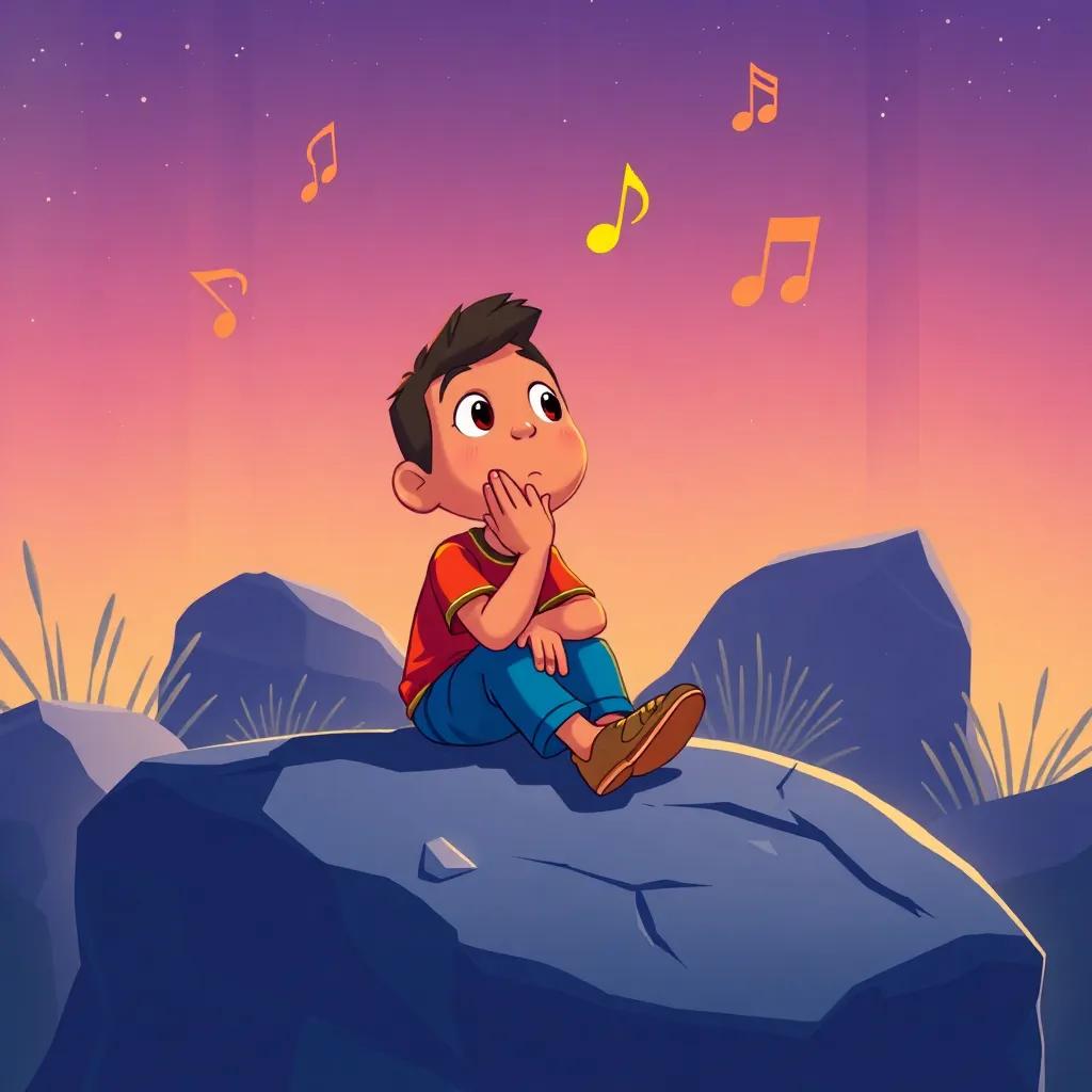 Carlitos thinking hard, sitting on a rock, where he remembers his favorite thing: singing, with musical notes floating around him, colorful, lively
