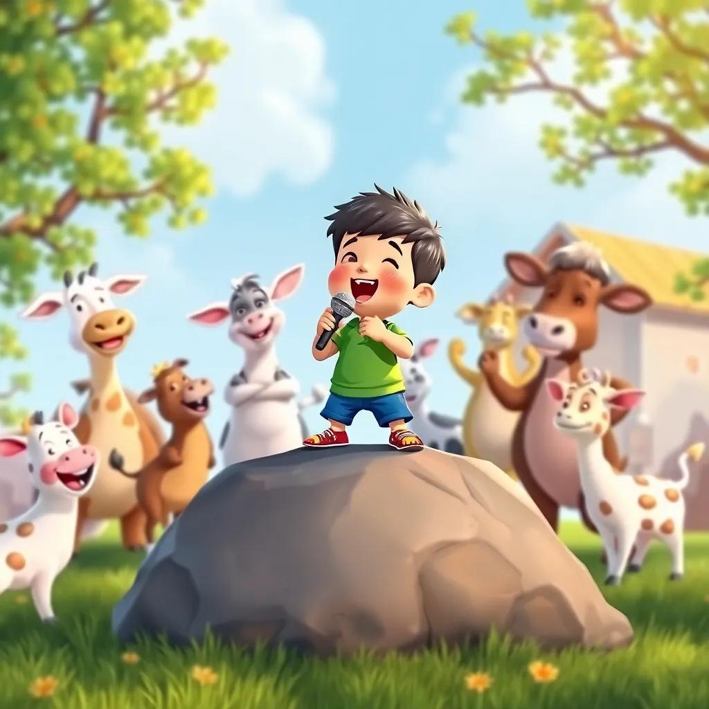 Carlitos singing on a rock in front of all the farm animals, with them dancing joyfully around him, cartoonish style, bright colors, filled with happiness