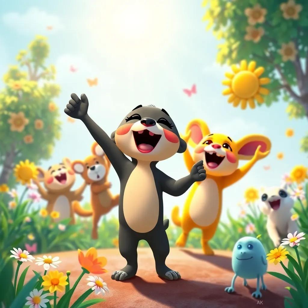 Carlitos proudly singing, happy animals dancing, with sunshine and flowers everywhere, celebrating uniqueness, vivid colors, uplifting, engaging scene