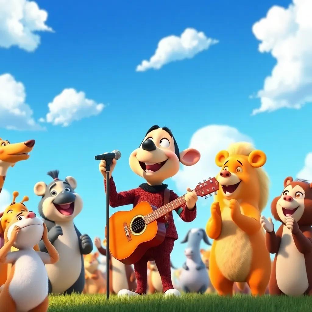 As Carlitos finishes his song, animals cheer and clap, under a clear blue sky with fluffy clouds, joyful atmosphere, cheerful, fun