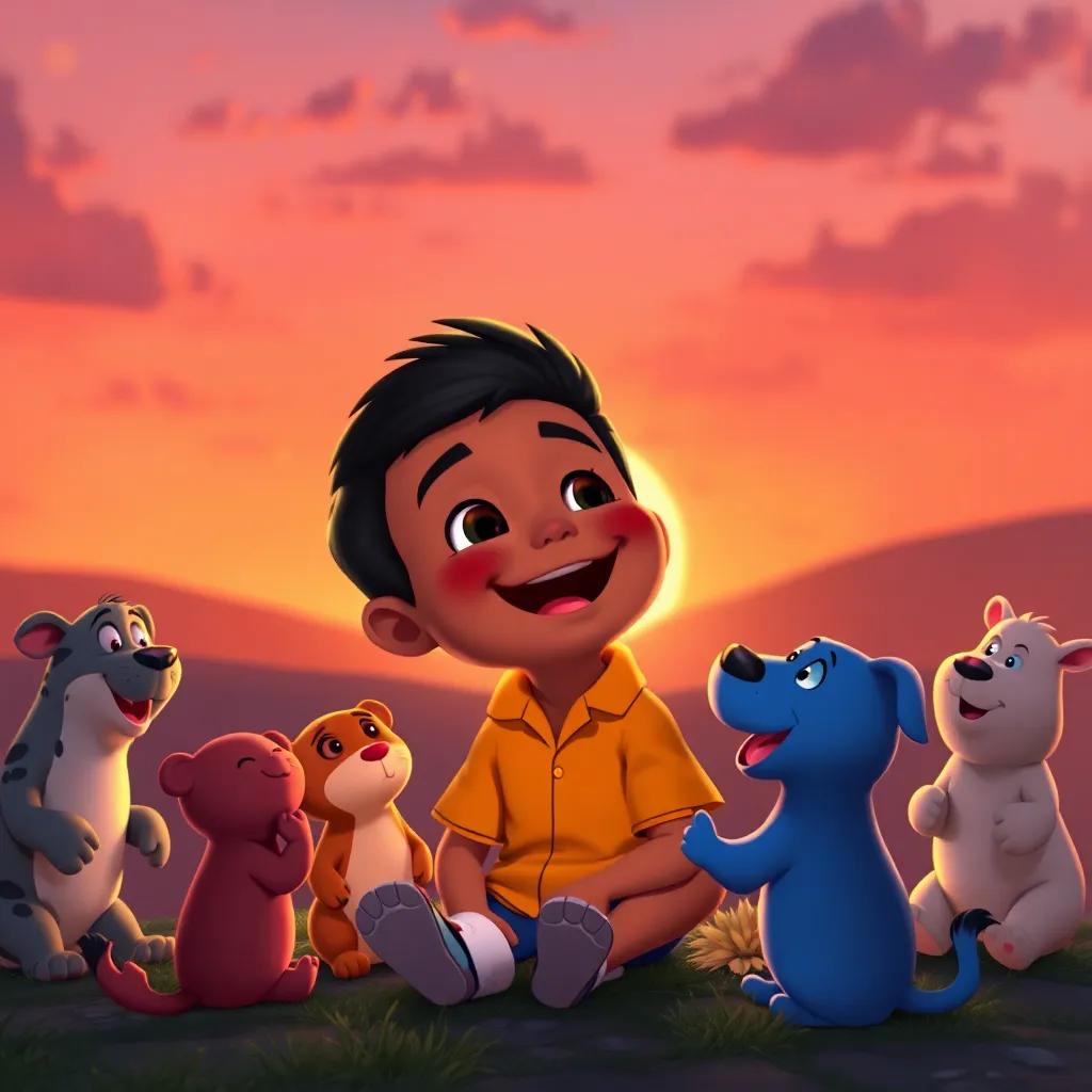 A happy Carlitos by the sunset, reflecting on his journey, surrounded by singing animals, warm tones, heartwarming scene, capturing the essence of friendship