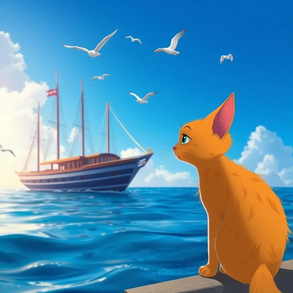 Un curioso gato naranja llamado Leo, observando un barco grande llamado 'El Viento Azul' desde la orilla del mar, con un cielo azul y gaviotas volando, ilustración vibrante, estilo aventurero, ambiente acogedor