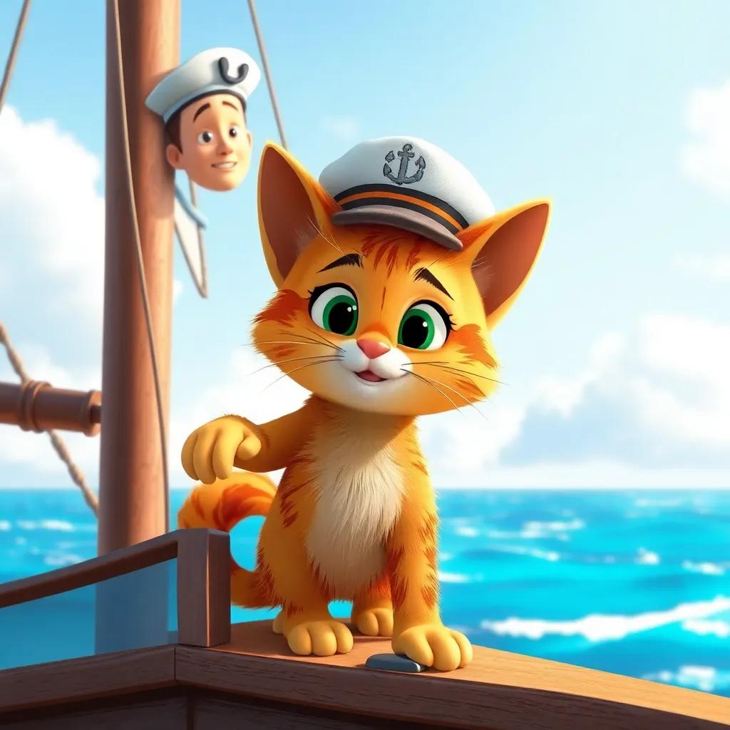 Leo, el gato, vestido con un pequeño sombrero de marinero, subiendo a bordo del barco, con un capitán sonriente de aspecto amable, fondo animado del mar, ilustración colorida, alegre  y amigable