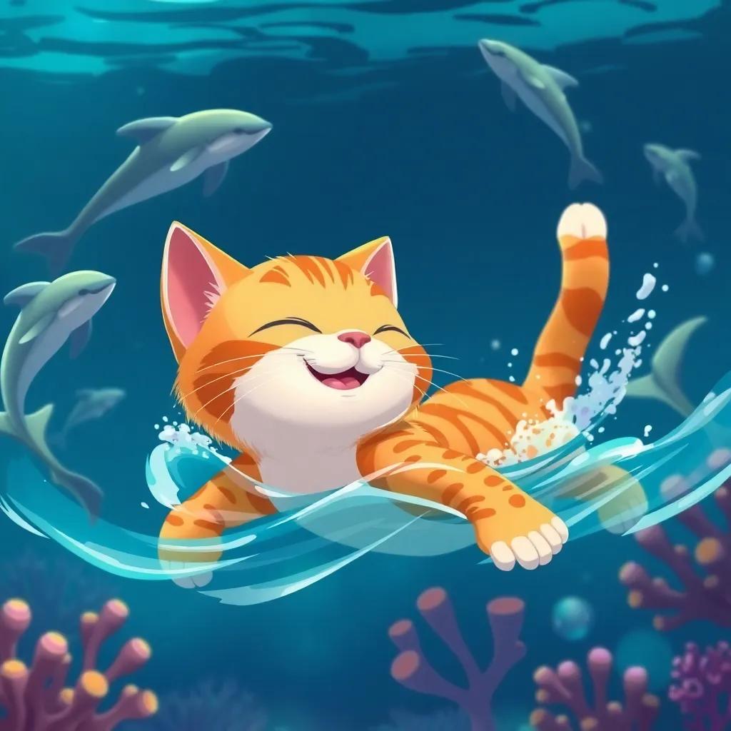 Leo el gato nadando felizmente con delfines saltando alrededor de él en el océano, con arrecifes de coral coloridos en el fondo, ilustración alegre, llena de vida y amistad