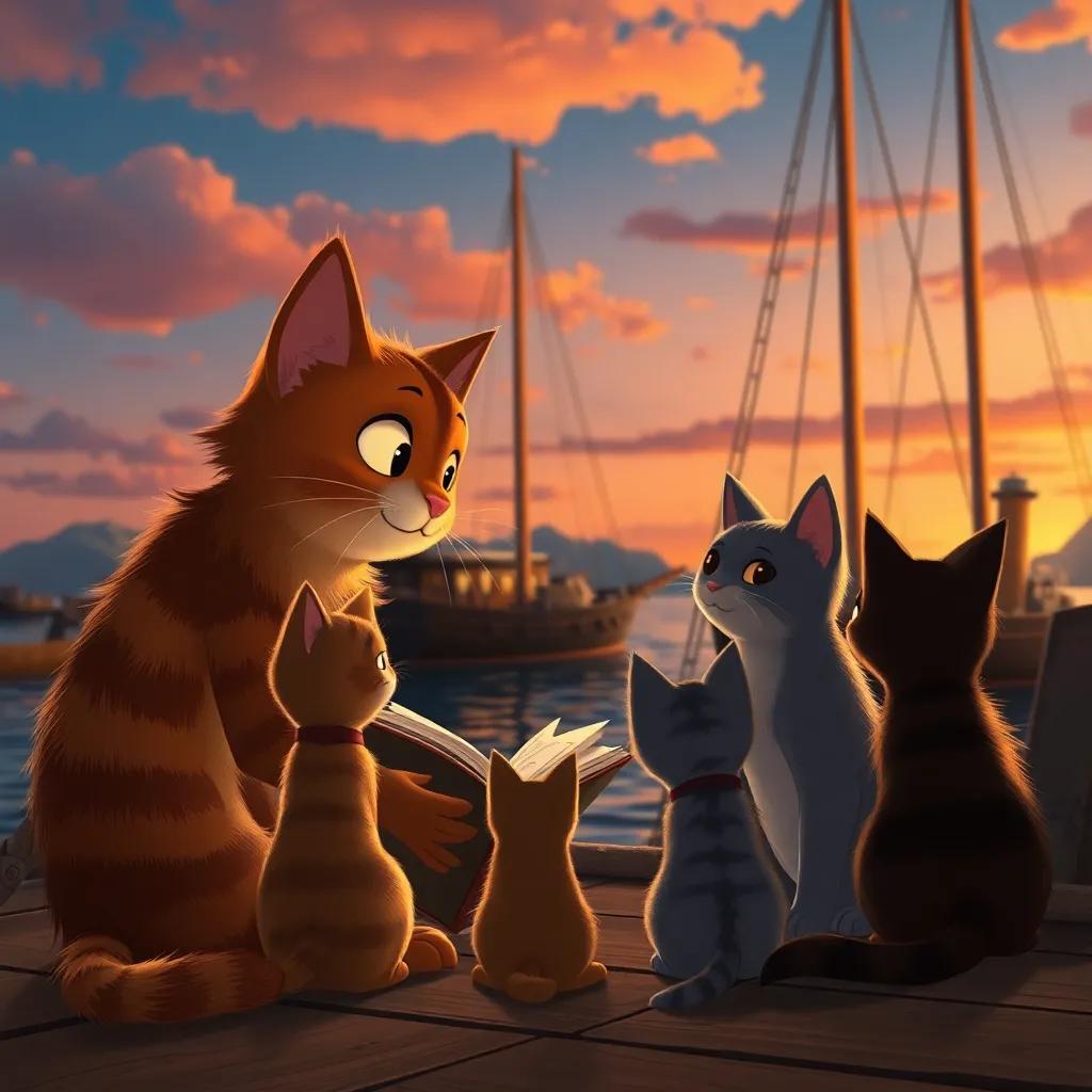 Leo, el gato marinero, contando historias a un grupo de gatos en el puerto al atardecer, con el barco de fondo y el cielo anaranjado, ambiente nostálgico y acogedor, ilustración entrañable