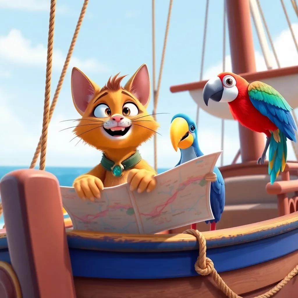 Rocco, the cat, aboard a colorful ship, with a parrot named Pipo, both looking at a map, surrounded by ropes and sails, cheerful and lively, playful energy, high quality