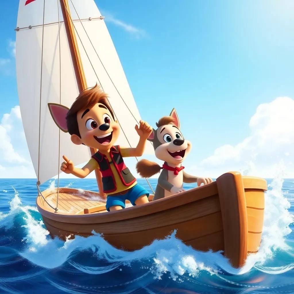 Rocco and Pipo sailing on the ship with waves splashing around, a bright sunny day, with Rocco feeling the wind and looking excited, digital painting, clear sky, vibrant colors, joyful mood