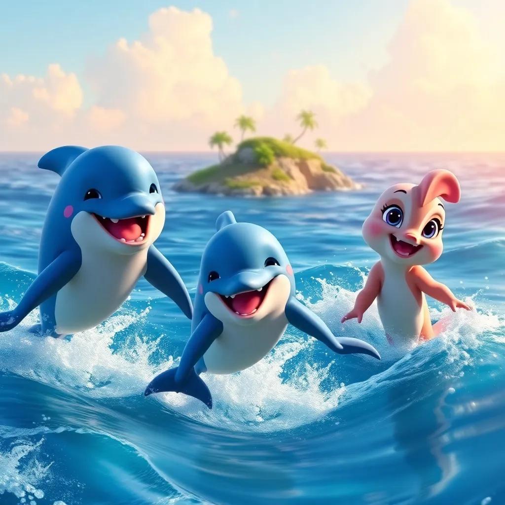 Rocco, Pipo, and Luna the dolphin playing in the ocean, jumping through waves, with playful expressions, a tropical island in the background, bright and colorful, cheerful energy, high detail