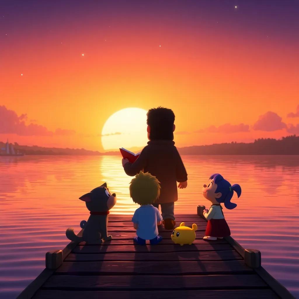 Rocco returning home at sunset on a peaceful dock, with stars beginning to appear in the sky, sharing the stories with Pipo and Luna, heartwarming scene, rich colors, nostalgic feeling