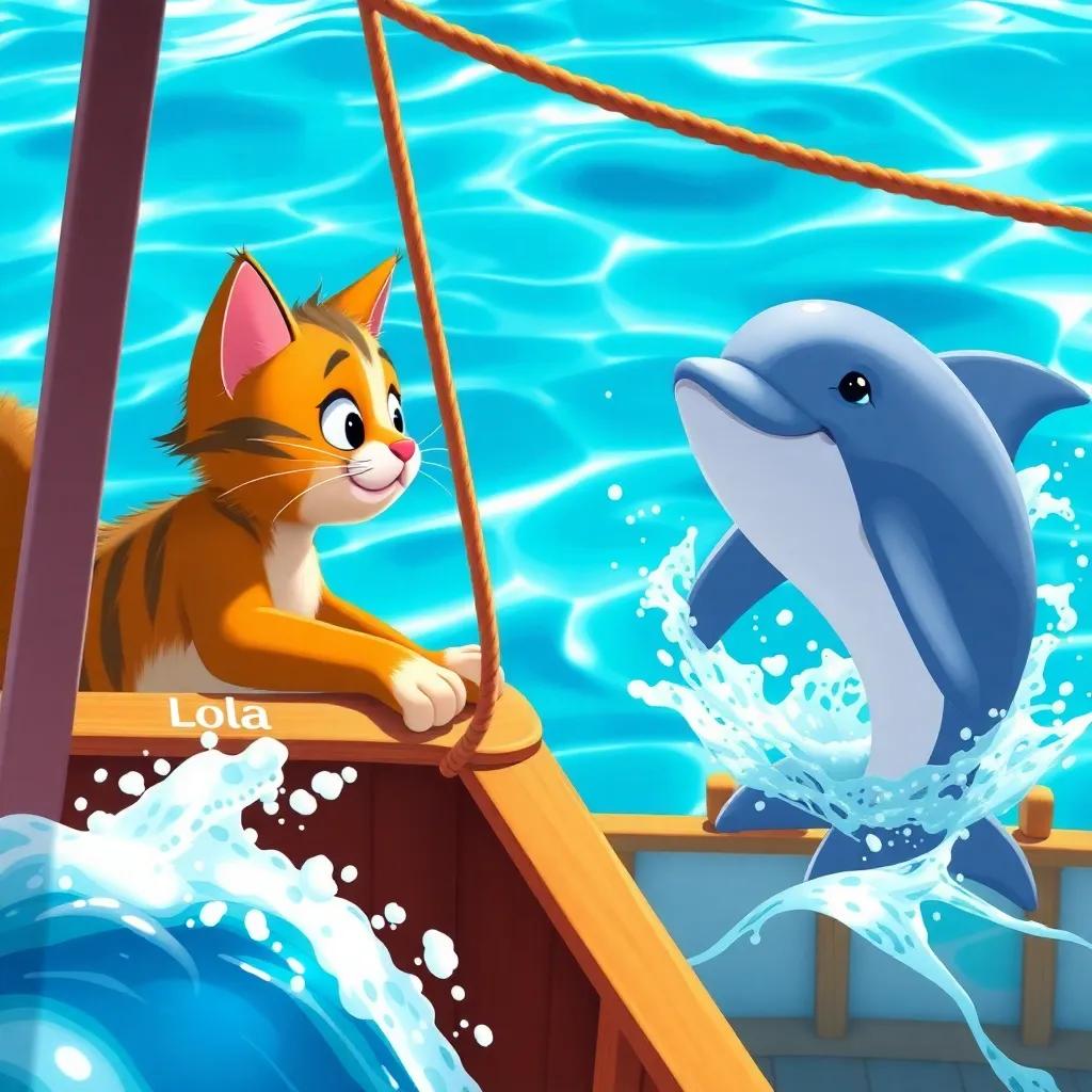 Tomás the cat on the ship, meeting a playful dolphin named Lola, splashing in the bright blue ocean, sunny day, friendly environment, cheerful illustration