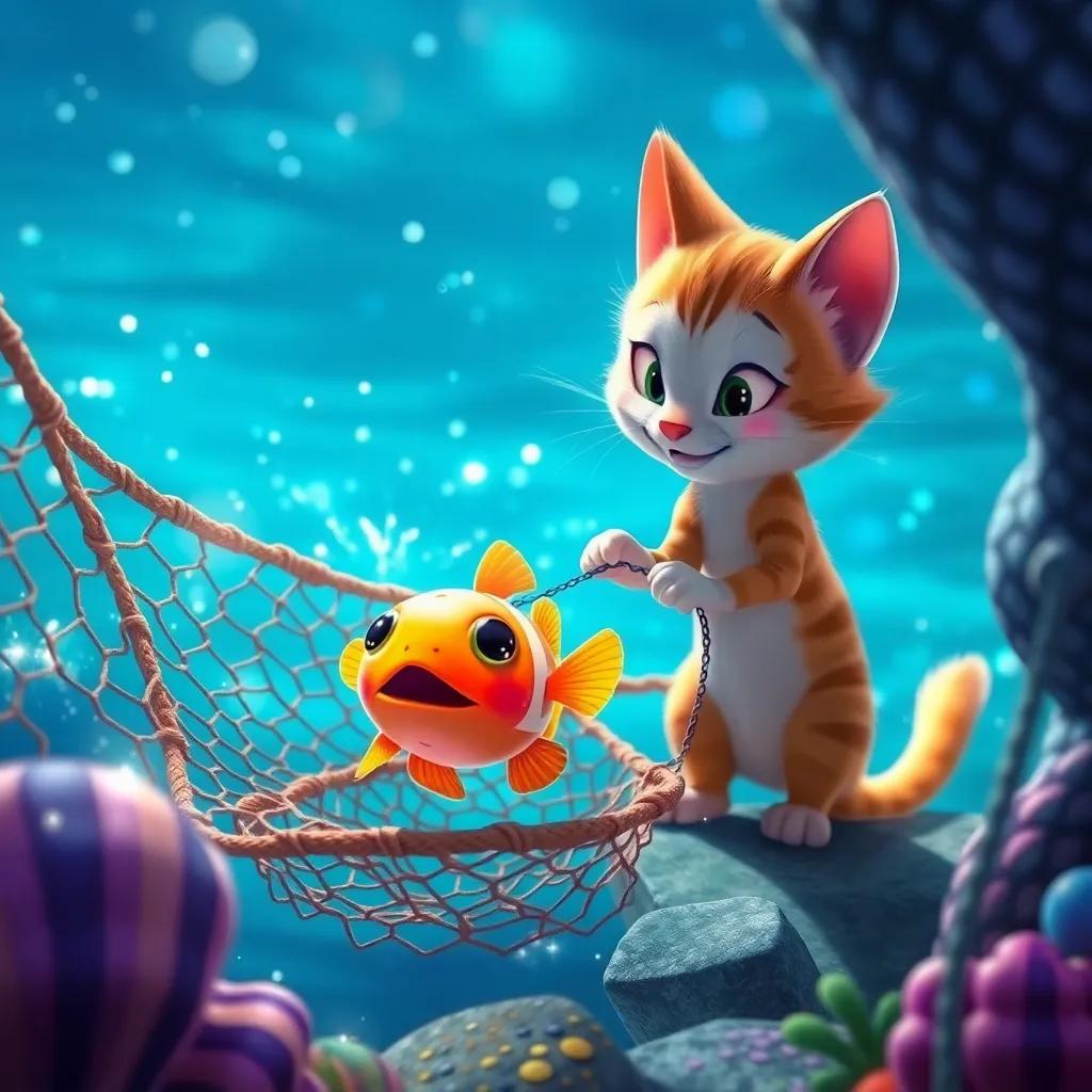 Tomás, the cat, and Lola helping a pufferfish trapped in a net near the sparkling water, teamwork, bright colors, engaging action scene, colorful