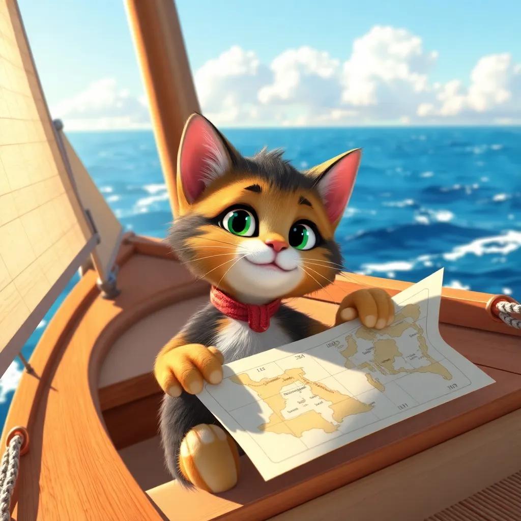 Tomás, the cat, skillfully navigating a sailboat with seashell maps while enjoying the ocean breeze and sunshine, adventurous spirit, bright colors