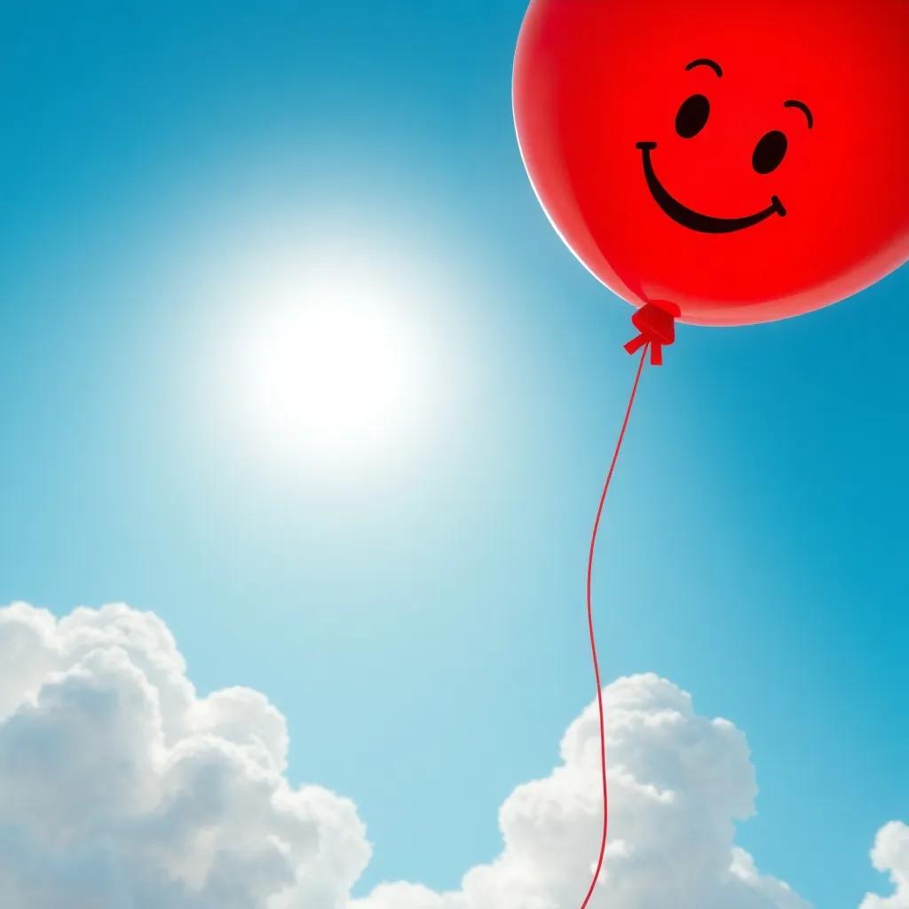 A bright red party balloon with a cheerful face, floating in a sunny blue sky, surrounded by fluffy white clouds, digital art, vibrant colors, uplifting atmosphere, high quality