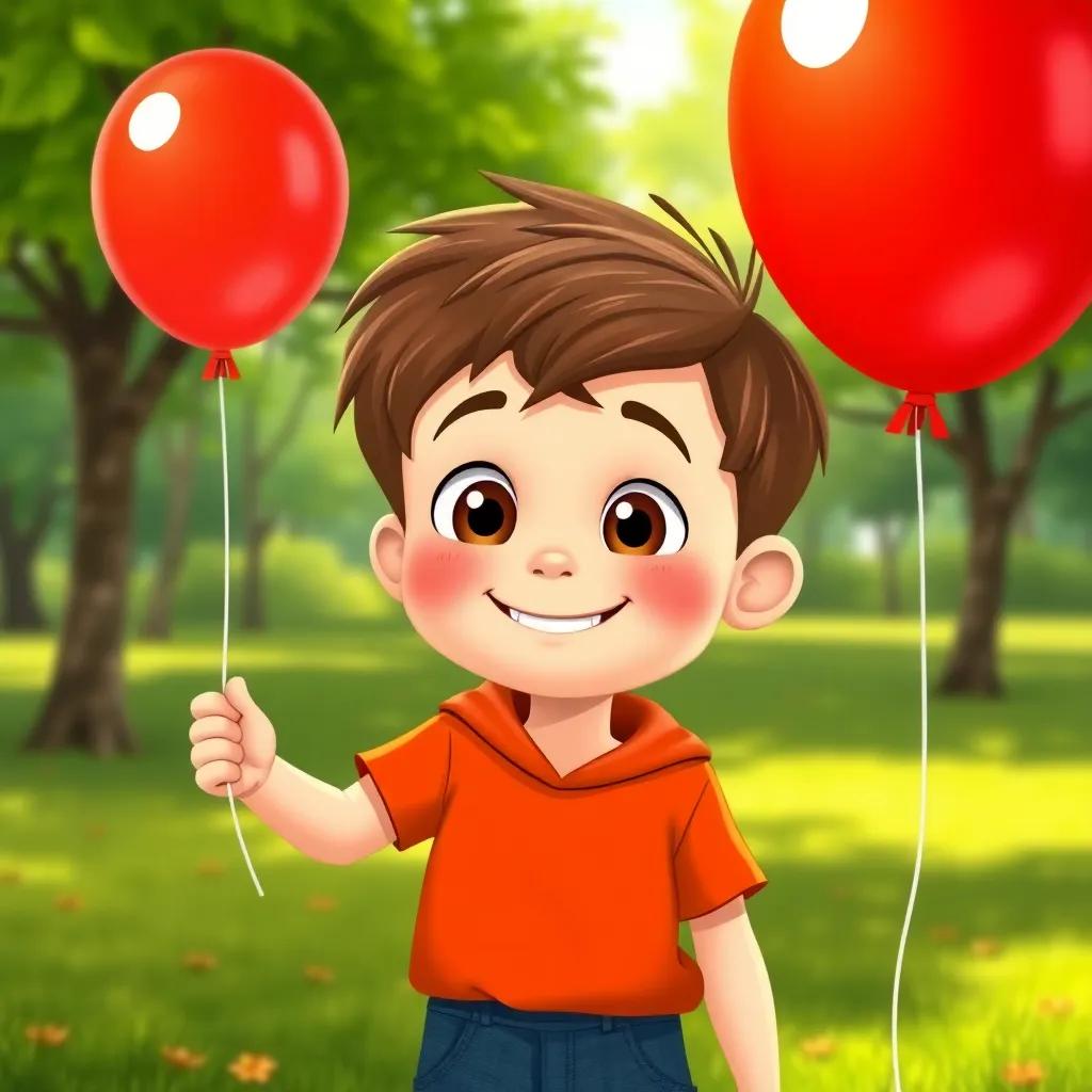 A curious young boy named Lucas, with short brown hair and a big smile, holding a bright red party balloon in a green park, illustration, cheerful, child-friendly, bright colors