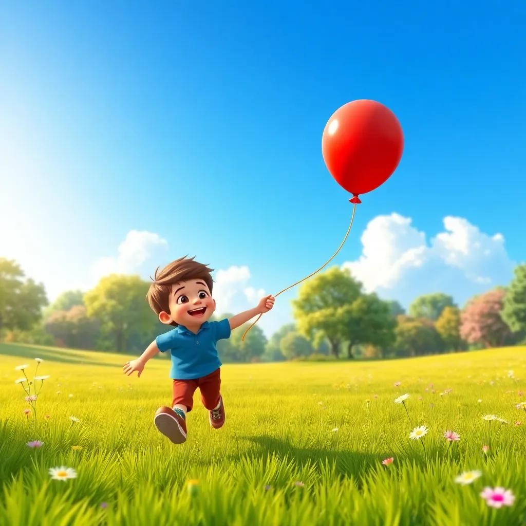 Lucas running joyfully with the red balloon towards a big open park with green grass and wildflowers, blue sky above, colorful scenery, cartoon style, warm light, high resolution