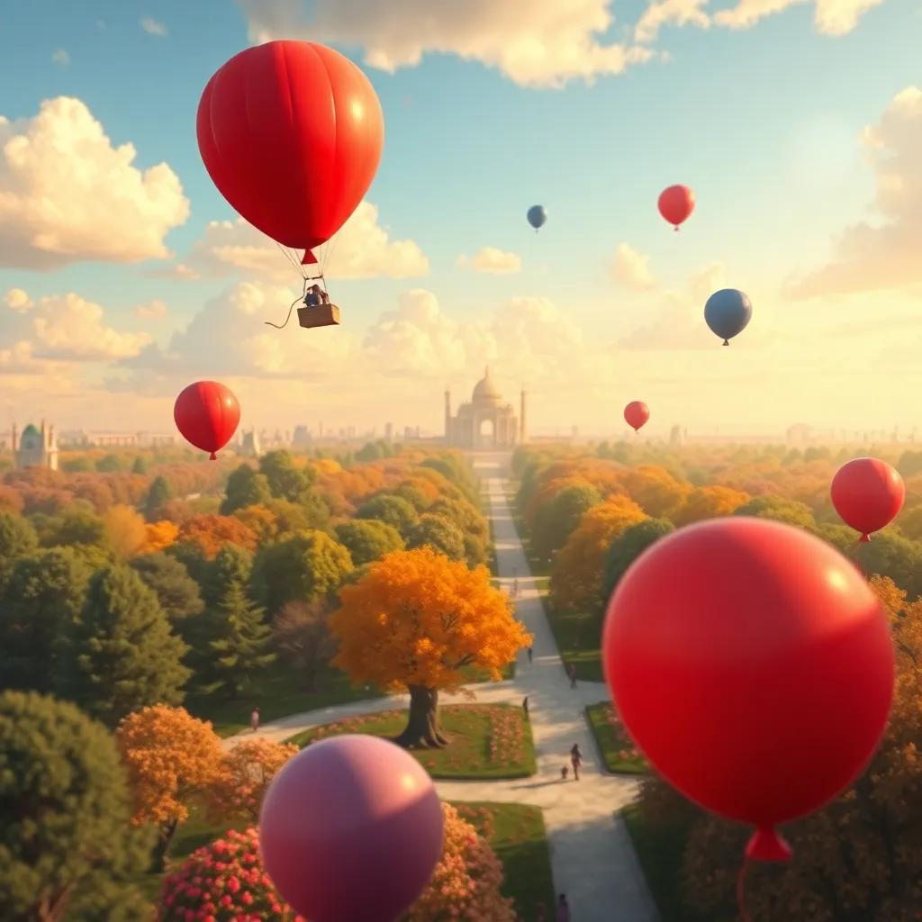 The red balloon soaring high in the sky above the park, seeing colorful flowers and trees below, other balloons dancing playfully around it, digital painting, vibrant, whimsical view, joyful atmosphere
