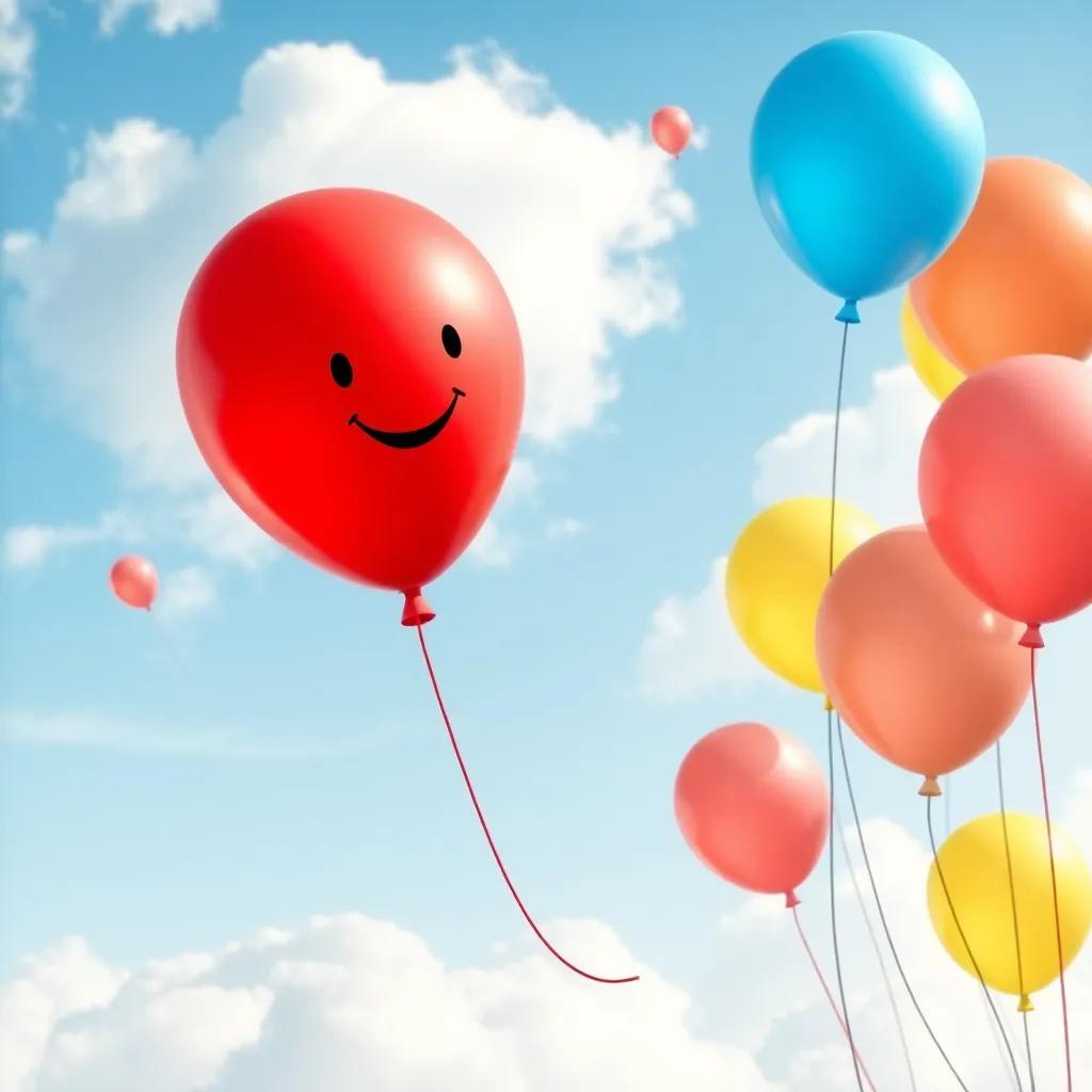 The red balloon happily floating with other balloons (blue, yellow) in the sky, playing and swirling around in the clouds, cheerful and colorful scene, happy digital art, high definition